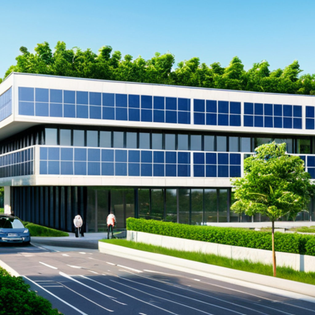 **

"A modern office building with solar panels on the roof, surrounded by lush greenery, professional, sustainable architecture, clear blue sky, fully clothed people entering the building, appropriate content, safe for work, perfect anatomy, natural proportions, family-friendly, energy-efficient design."

**