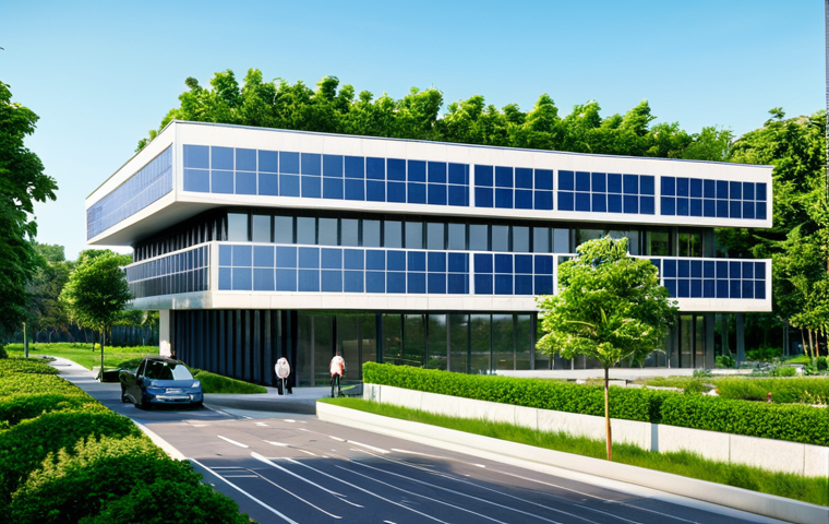 **

"A modern office building with solar panels on the roof, surrounded by lush greenery, professional, sustainable architecture, clear blue sky, fully clothed people entering the building, appropriate content, safe for work, perfect anatomy, natural proportions, family-friendly, energy-efficient design."

**