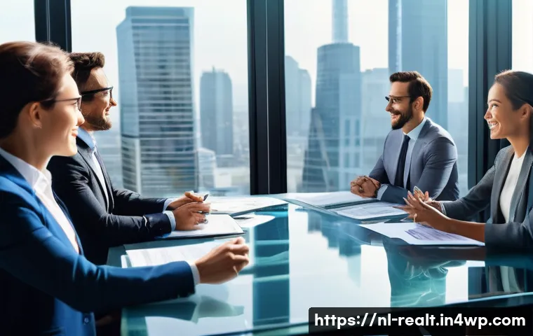 상업용 부동산 시장 예측 - **Prompt 1: "Optimistic Commercial Real Estate Investors Discussing a New Deal"**
A group of div...