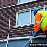 Home 16 상업용 부동산의 관리 비용 - A detailed urban commercial building exterior in Amsterdam during winter, showing a maintenance work...