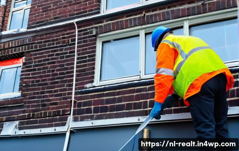 상업용 부동산의 관리 비용 - A detailed urban commercial building exterior in Amsterdam during winter, showing a maintenance work...