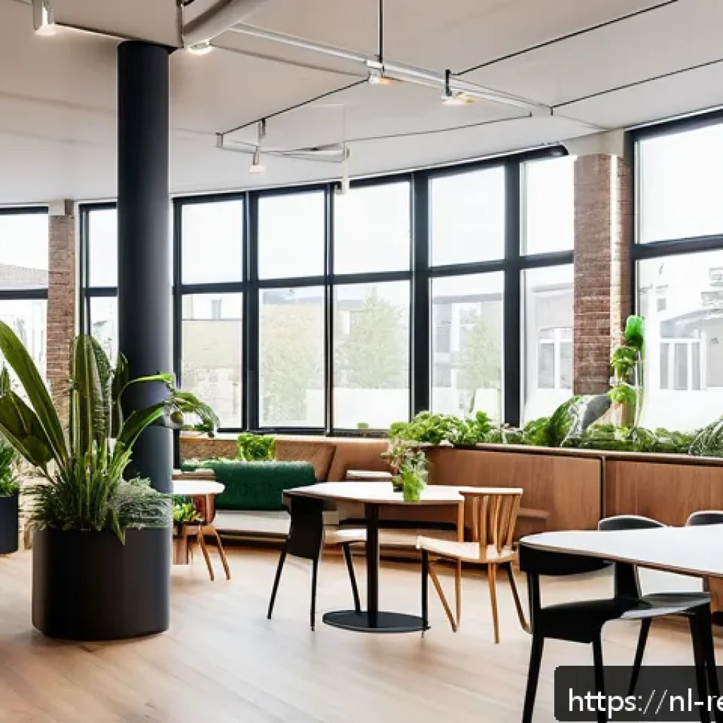 상업용 부동산 시장의 기회 - A modern coworking space interior in a renovated Amsterdam office building, featuring modular furnit...