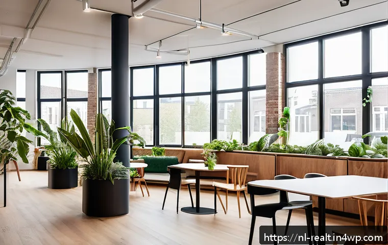 상업용 부동산 시장의 기회 - A modern coworking space interior in a renovated Amsterdam office building, featuring modular furnit...