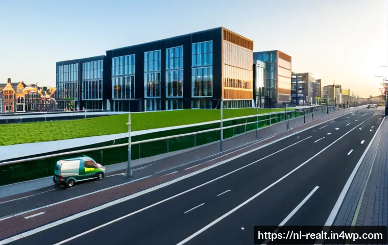 Home 17 상업용 부동산의 글로벌 트렌드 - Photorealistic wide-angle view of a modern mixed-use commercial district in Amsterdam, Netherlands, ...